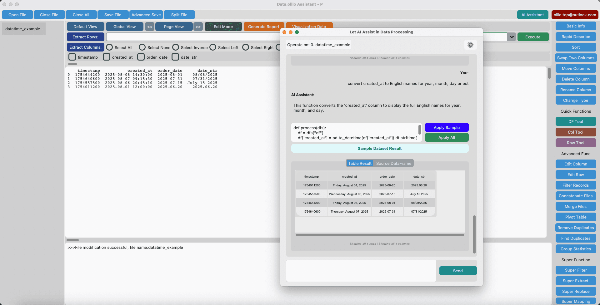 Example: Type your requirement and Data.olllo generates the correct code