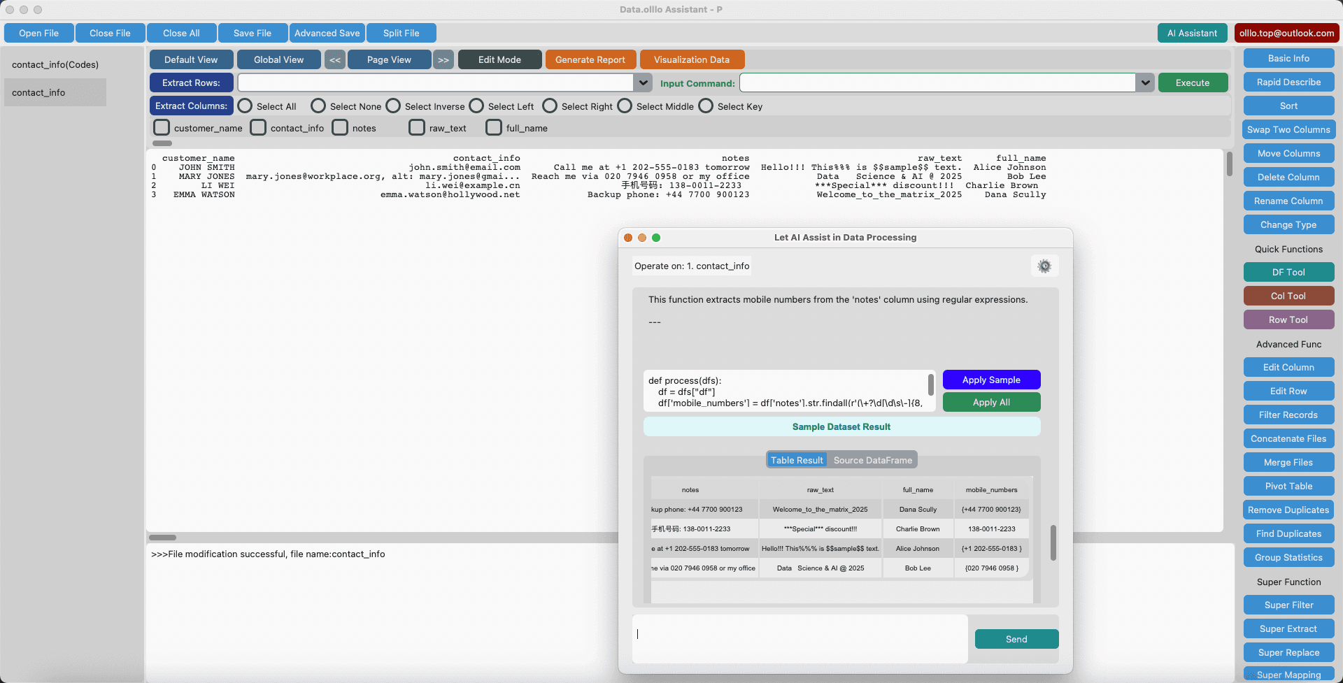 Example: Clean and extract text data automatically in Data.olllo